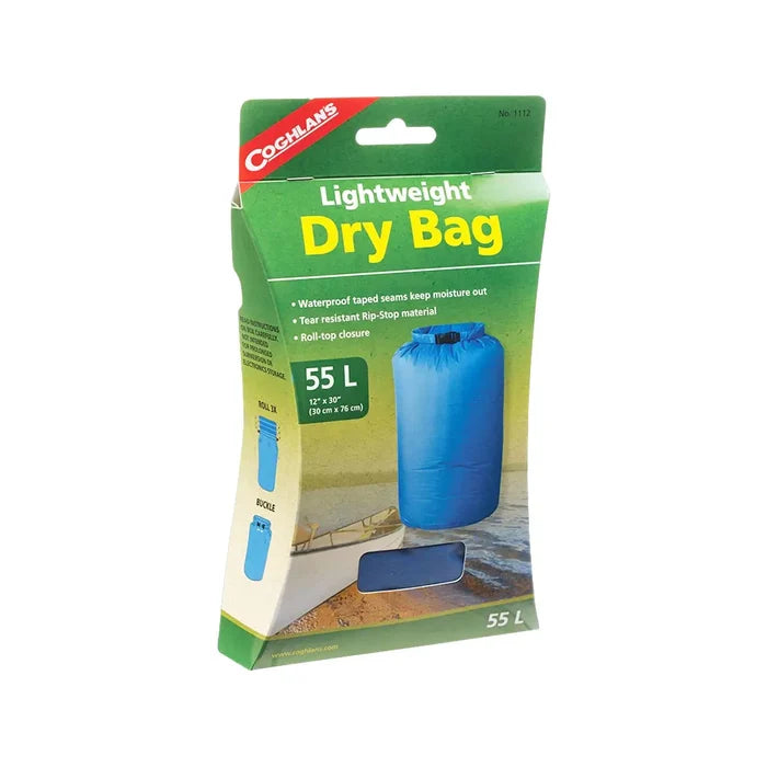 Coghlans 55 litre blue dry bag packaging on a white background