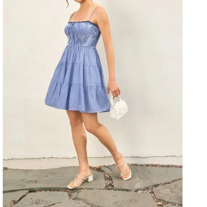 Colette Striped Eyelet Babydoll Tiered Mini Dress
