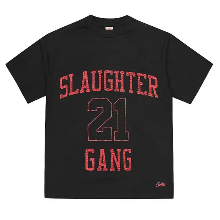 Black Corteiz x Slaughter Gang mesh T-shirt front view with red Slaughter 21 Gang print