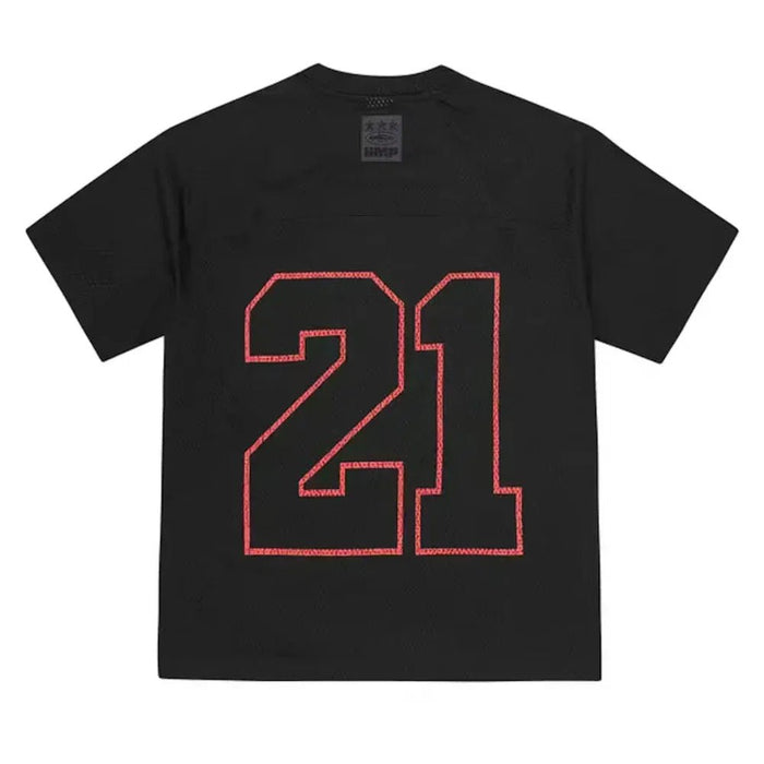 Black Corteiz x Slaughter Gang mesh T-shirt back view with large red outlined 21