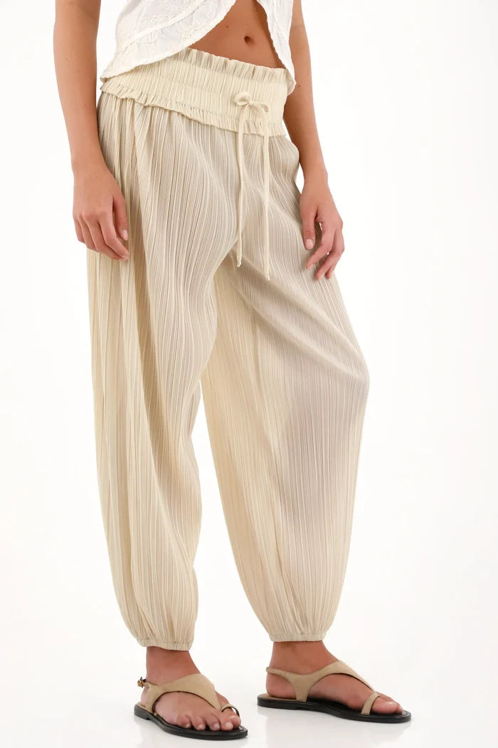 Cream Pleated Texture Jogger Pants for Women