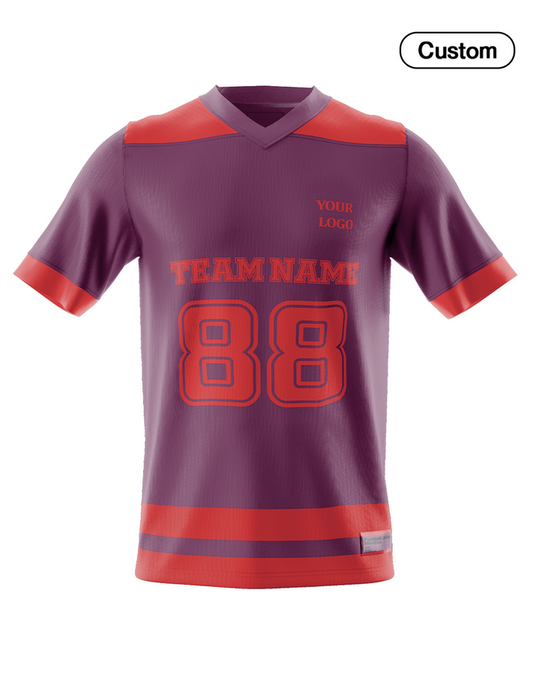 Football jersey with customizable text on a white background