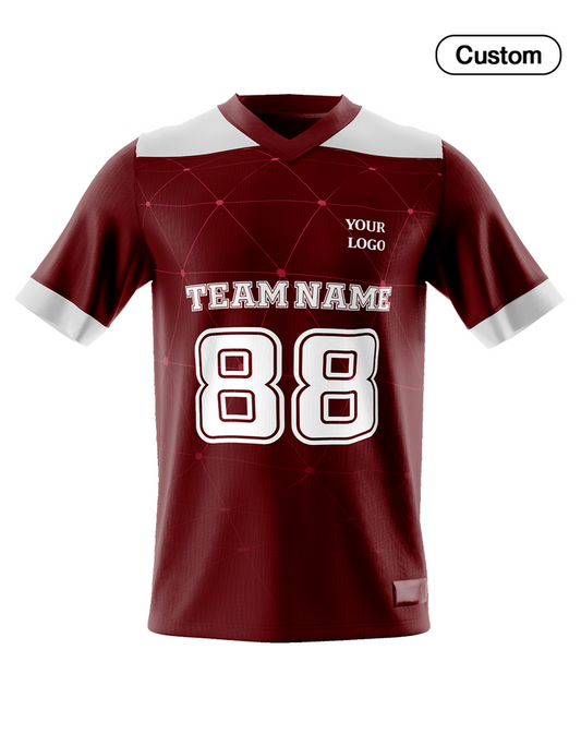 Maroon sports jersey with customizable text on a white background