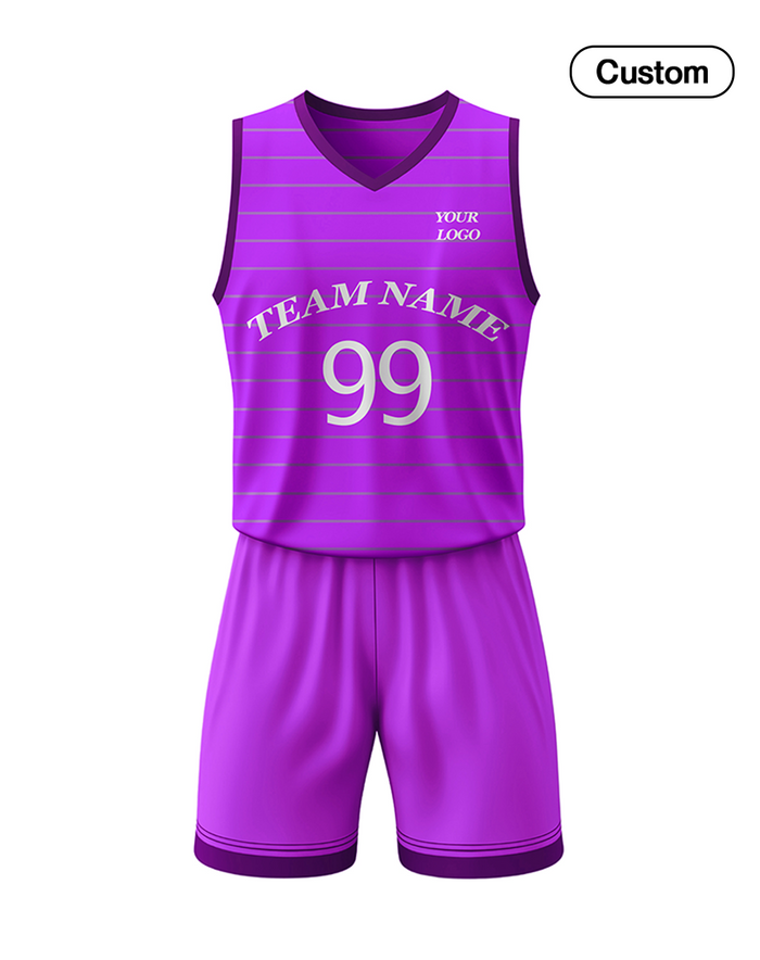 Purple basketball jersey and shorts set with customizable text on a white background