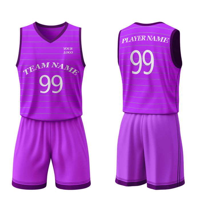 Purple basketball jersey and shorts set with customizable text on a white background
