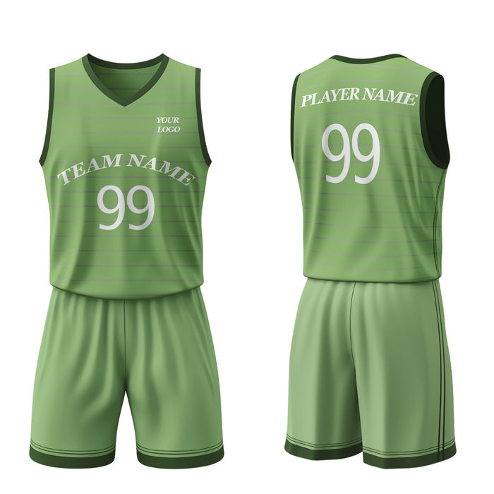 Green basketball jersey and shorts set with customizable text on a white background