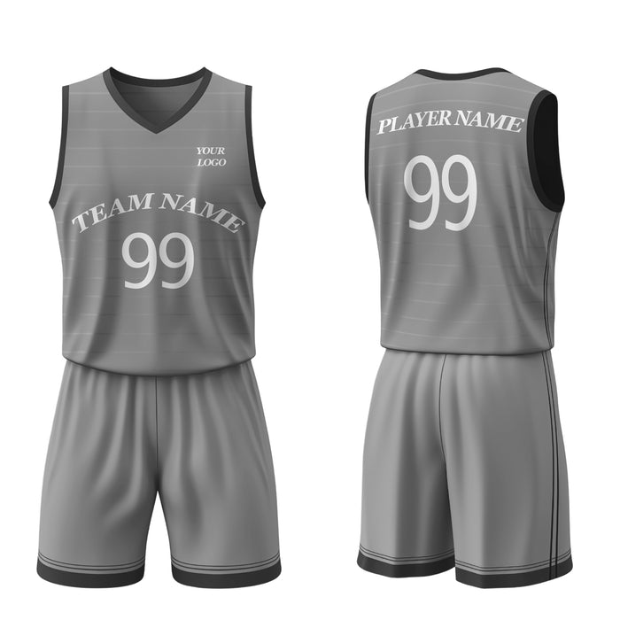 Gray basketball jersey and shorts set with customizable text on a white background