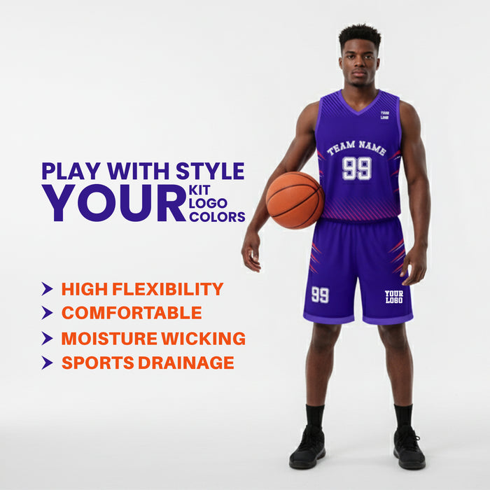 Person wearing a purple basketball uniform with text highlighting features on a white background