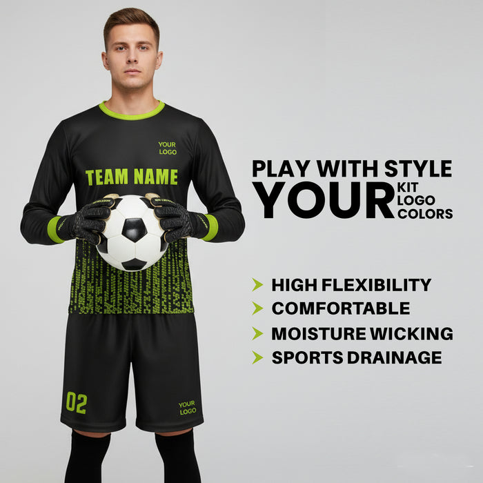 Person wearing a black and green soccer kit holding a soccer ball on a gray background with text about the kit's features.