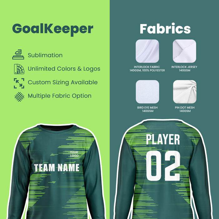 Goalkeeper jersey design with customizable features on a green and blue background