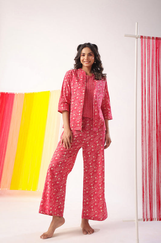 Dainty Floral on Pink Cotton Shrug Set