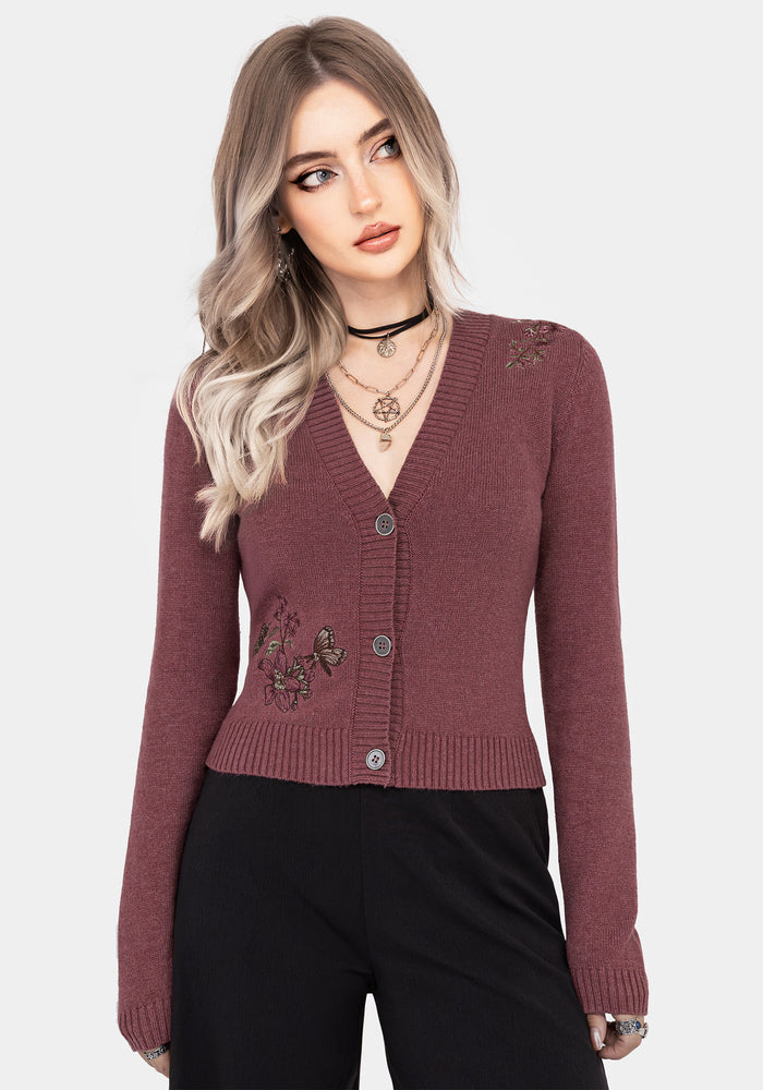 Dana Floral Moth Embroidered Cardigan - Purple