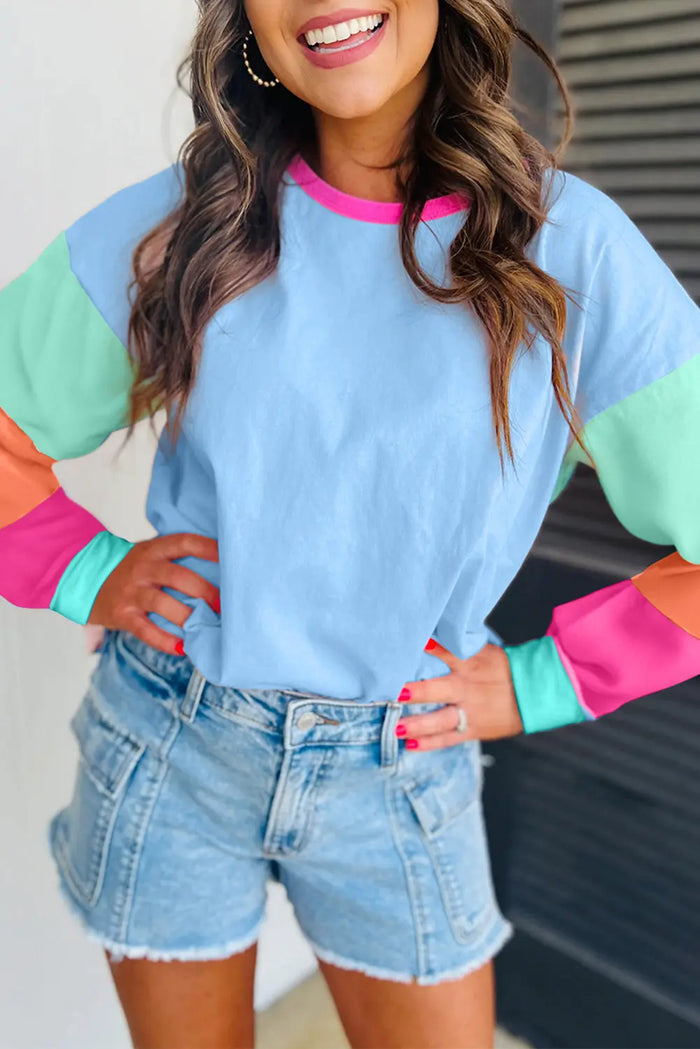 Dark Blue Colourblock Patchwork Long Sleeve Loose Top - S / 95% Cotton + 5% Elastane - Tops/Long Tops