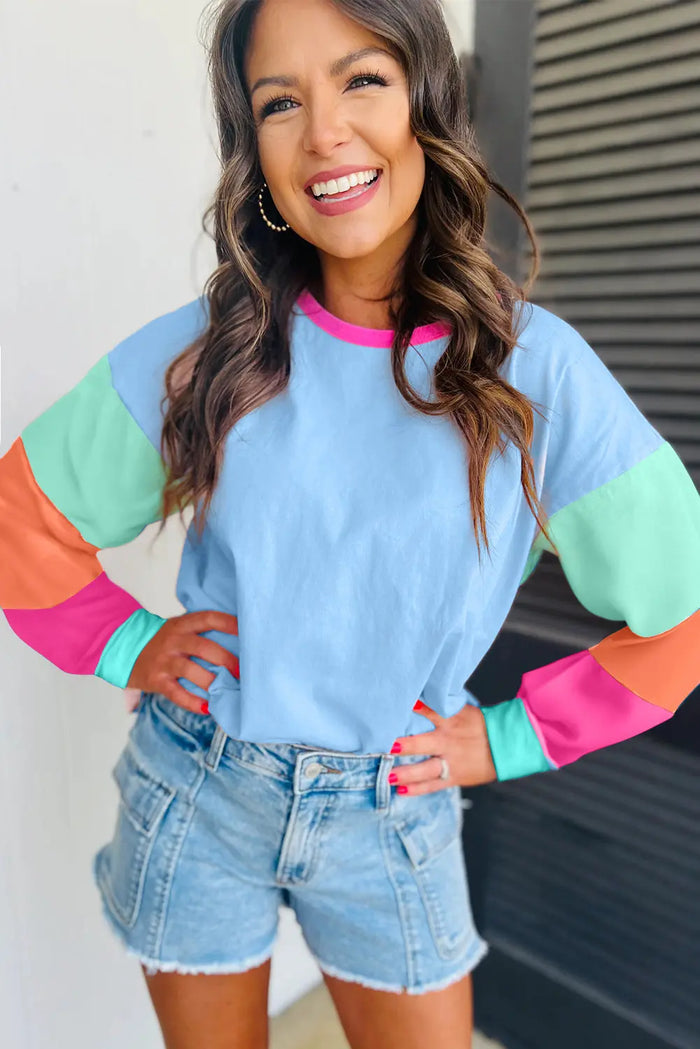Dark Blue Colourblock Patchwork Long Sleeve Loose Top - Tops/Long Tops