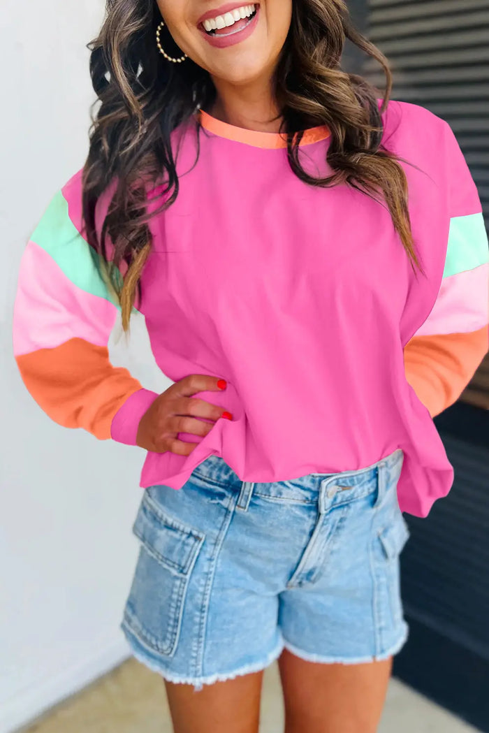 Dark Blue Colourblock Patchwork Long Sleeve Loose Top - Tops/Long Tops