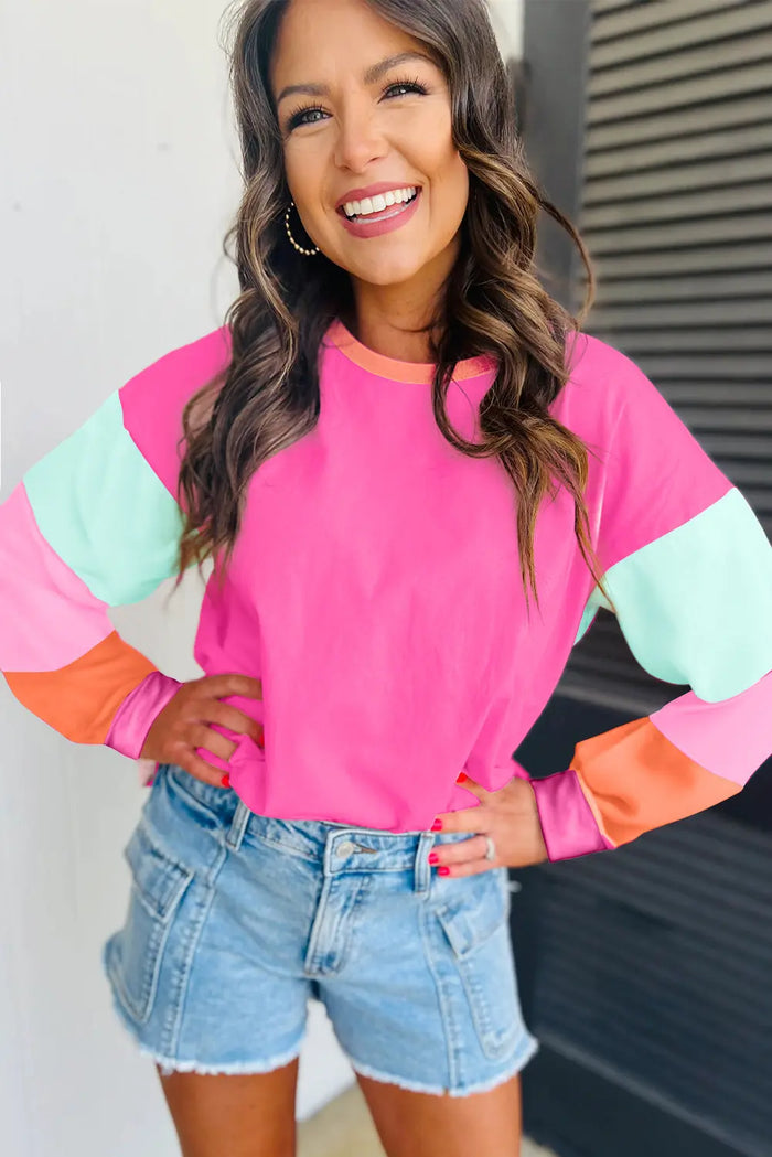 Dark Blue Colourblock Patchwork Long Sleeve Loose Top - Tops/Long Tops