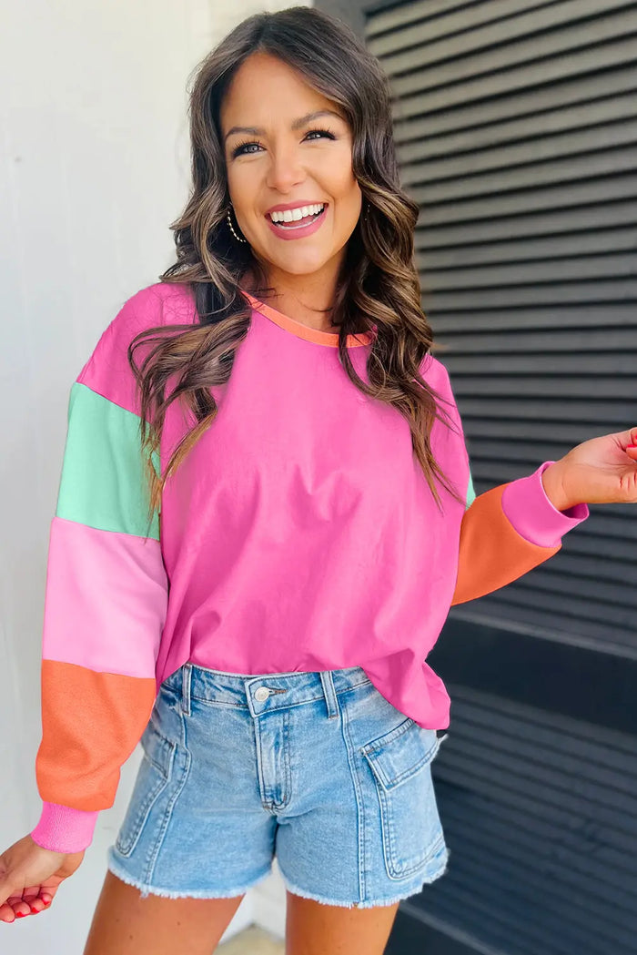 Dark Blue Colourblock Patchwork Long Sleeve Loose Top - Tops/Long Tops