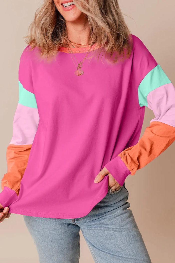 Dark Blue Colourblock Patchwork Long Sleeve Loose Top - Tops/Long Tops