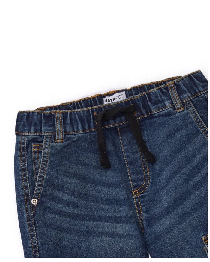 Dark denim cargo jogger pants for boys