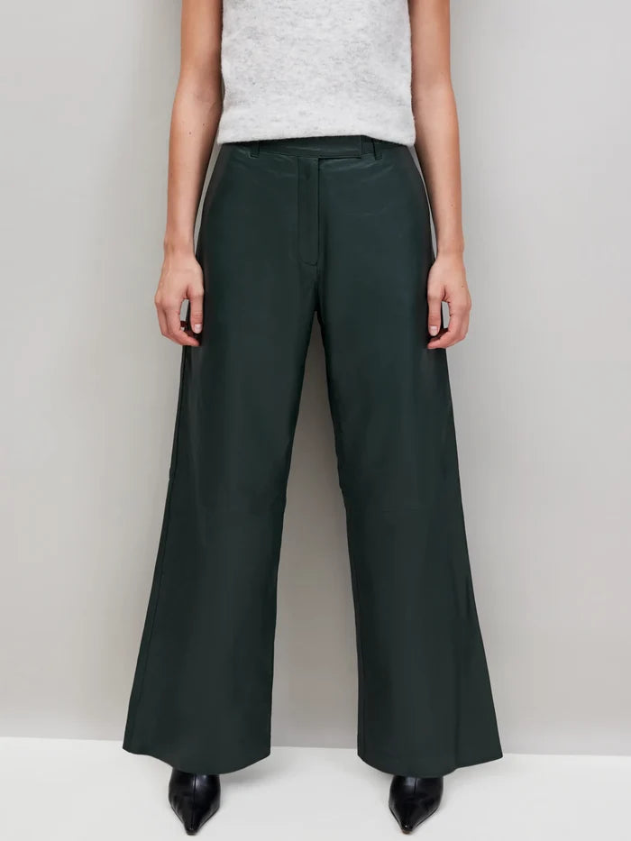 Dark-Green Leather Wide-Leg Trousers