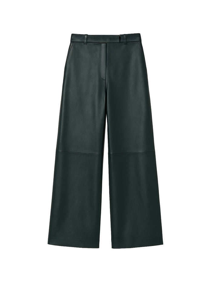 Dark-Green Leather Wide-Leg Trousers