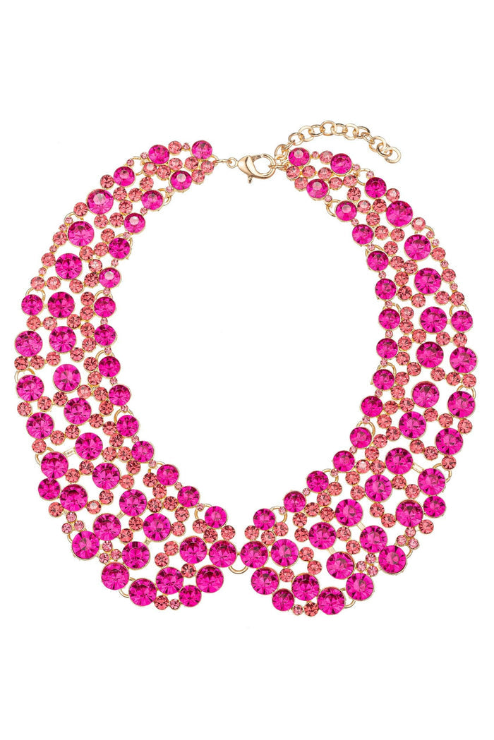 Hot pink crystal collar statement necklace with a multi-row clustered glass stone design and gold-tone hardware.