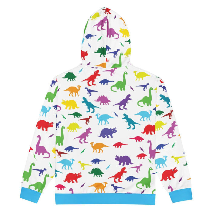 Dino Print Men's Zip Hoodie - The specific combination of flat-color educational vectors (e.g., grassy green #32CD32 sauropods, royal purple #7851A9 armored herbivores, crimson red #DC143C three-horned quadrupeds) against the aggressive electric cyan (#00ADEF) trim, mimicking the aesthetic of a 1995 bedroom duvet set or classroom rug.