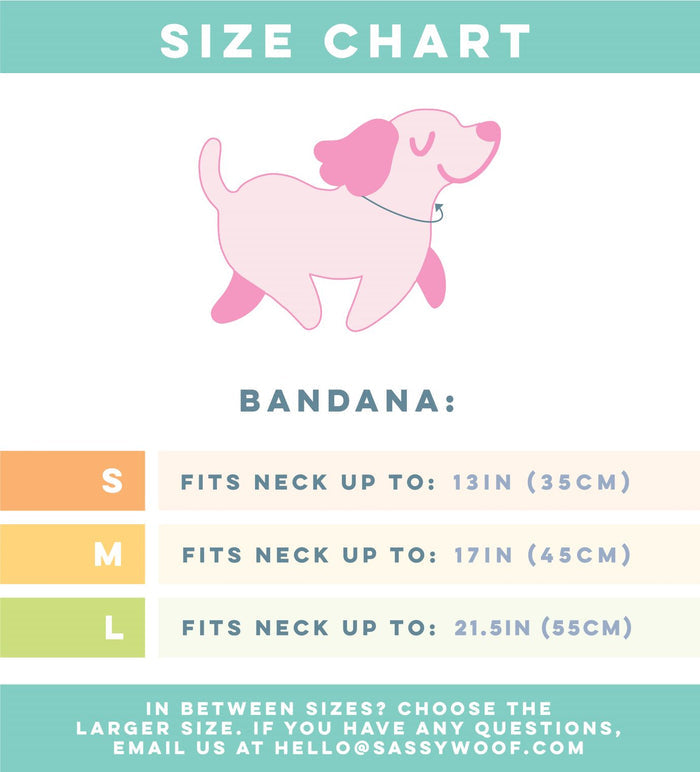 Size chart for Sassy Woof Dog Bandana - KEN™ with a pink dog illustration. Mesh fabric, sizes small (up to 13 in/35 cm), medium (up to 17 in/45 cm), large (up to 21.5 in/55 cm). Contact us with questions.