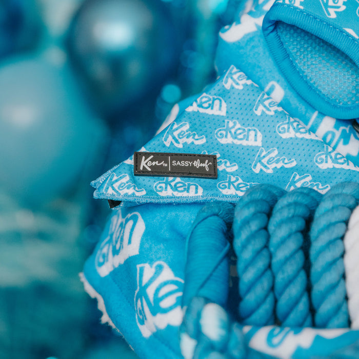 Close-up of blue Sassy Woof Dog Bandana - KEN™, featuring “Ken” text. Ken x Sassy Woof label visible. Blue balloons and Barbie Collection-themed decor appear blurred in the background.