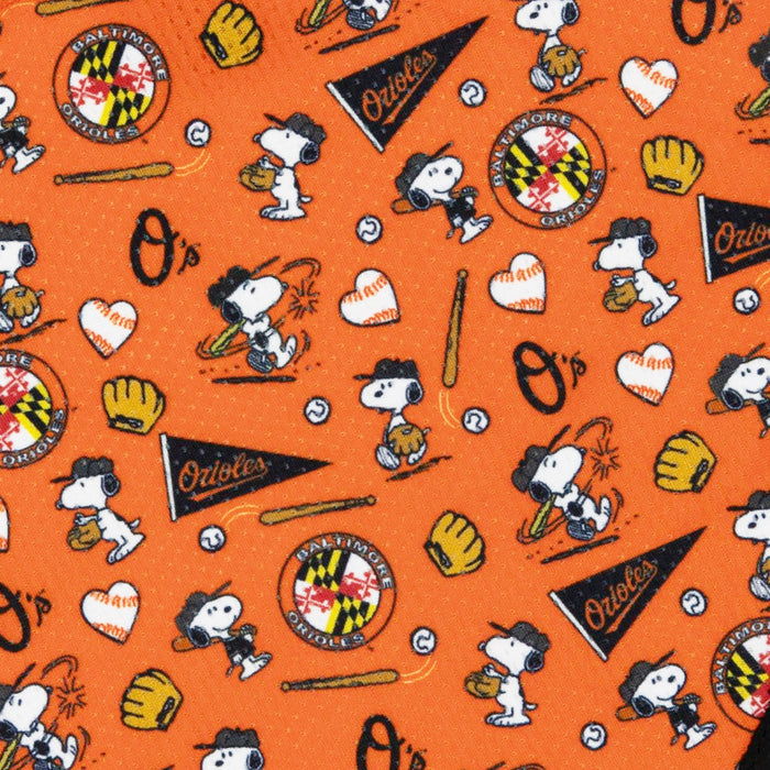The Sassy Woof Dog Bandana - MLB™ x Peanuts™ Baltimore Orioles™ features Snoopy in a baseball uniform, team logos, and playful motifs on orange—ideal for sporty Snoopy fans and stylish pups.