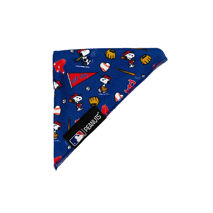 The Sassy Woof Dog Bandana - MLB™ x Peanuts™ Boston Red Sox™ is blue and features Snoopy baseball art with bats, gloves, and baseballs, plus a black MLB Peanuts tag.