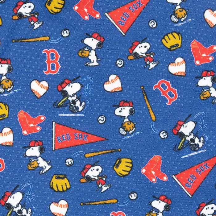 The Sassy Woof Dog Bandana - MLB™ x Peanuts™ Boston Red Sox™ features a blue design with Snoopy in a Red Sox cap, baseball gear, pennants, socks, and “B” logos in a playful pattern—perfect for pups and Sox fans alike.