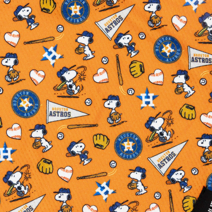 The Sassy Woof Dog Bandana - MLB™ x Peanuts™ Houston Astros™ features Snoopy in baseball poses with Astros logos on orange mesh, making it a cool, fun accessory for dogs that blends Peanuts charm with team pride.