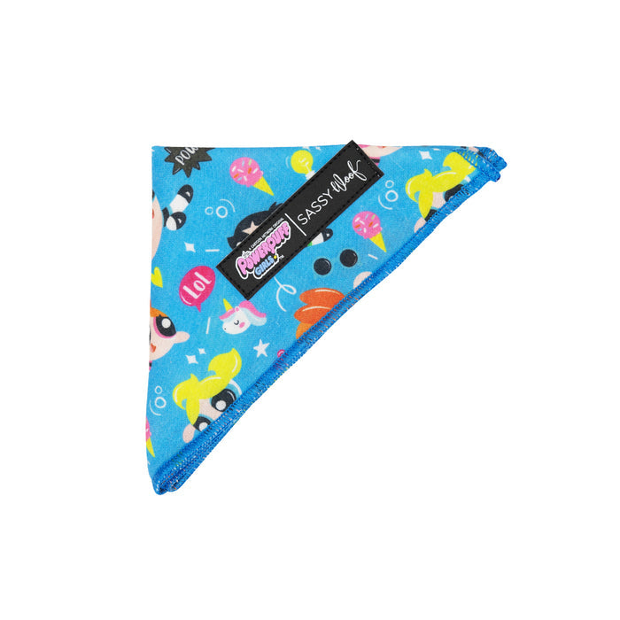 The Sassy Woof Dog Bandana - The Powerpuff Girls™ (Blue) is a lightweight cotton accessory featuring vibrant cartoon designs, fish, stars, and bubbles—perfect for adding playful flair to your pup’s look.