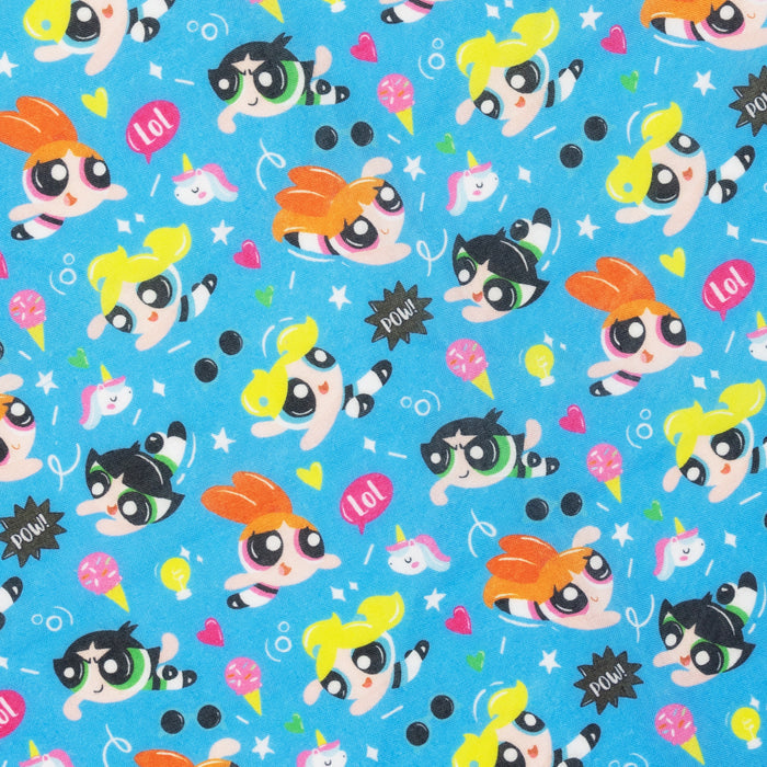 The Dog Bandana - The Powerpuff Girls™ (Blue) by Sassy Woof features a fun blue pattern with the Powerpuff Girls, unicorns, hearts, ice cream cones, LOL speech bubbles, and POW!—a perfect lightweight accessory for your pup.