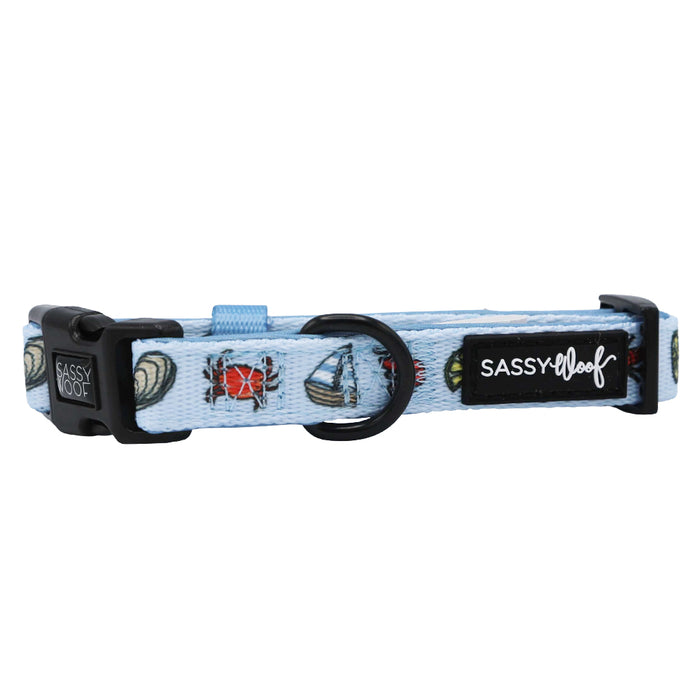 The Sassy Woof Coastal Cuties dog collar features light blue fabric with nautical designs (sailboat, seashell, crab), black hardware, and a small brand logo patch—ideal for fans of coastal-themed pet accessories.
