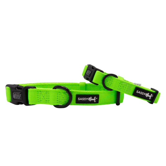 Two Sassy Woof Dog Collar - Neon Green pieces with black plastic buckles and metal rings. These adjustable collars combine comfort and style for your pup.