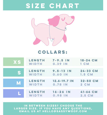 Size chart for the Sassy Woof "Dog Collar Three Piece Bundle - Neon Purple," featuring a pink cartoon dog surrounded by vibrant neon purple accessories. Four collar sizes (XS, S, M, L) are detailed with length and width measurements in both inches and centimeters—ideal for pairing with your favorite neon dog collar or coordinating neon leash. For questions, a contact email is provided at the bottom.