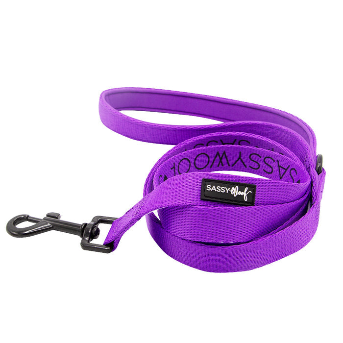 Experience the ultimate in neon purple dog accessories with the Sassy Woof Dog Collar Three Piece Bundle in vibrant purple, showcased on a white background—an essential set for anyone passionate about bold, stylish pet gear.