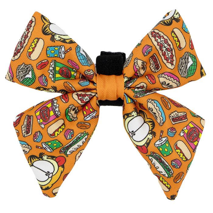 The Sassy Woof Dog Sailor Bow - Garfield™ is an orange bow featuring cartoon Garfield and foods like pizza, burgers, tacos, hot dogs, and drinks on a white background—perfect to pair with other Garfield dog accessories.