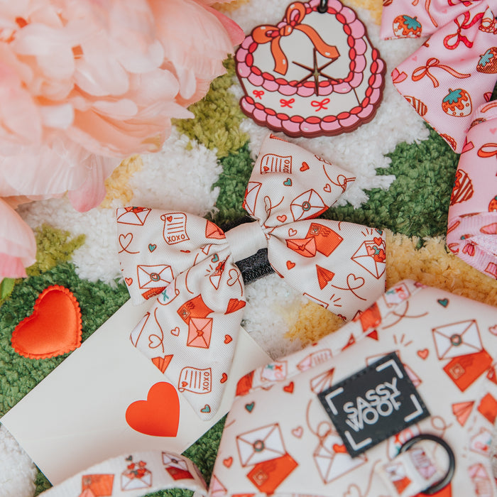 The Sassy Woof Dog Sailor Bow - P.S. I Woof You features red and white envelope designs and rests on a floral surface, surrounded by a heart patch, flamingo sticker, pink flower, and sweet dog accessories for your pup.