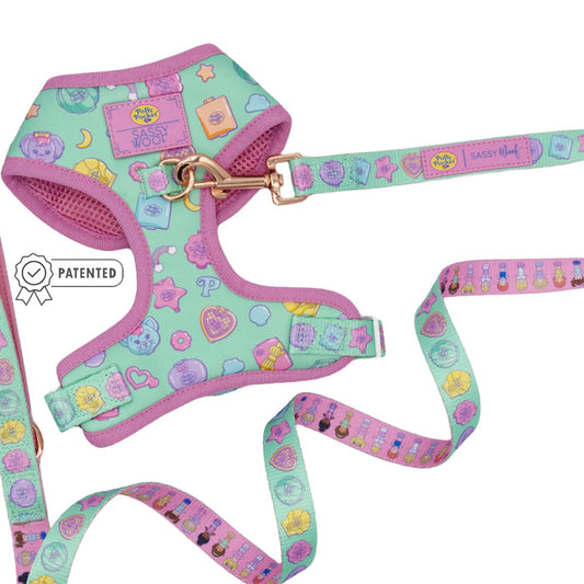 The Sassy Woof Dog Two Piece Bundle - Polly Pocket™ features a mint green and pink harness and leash with bears, hearts, stars, paw prints, adjustable fit, "PATENTED" label, and Sassy Woof logo—perfect for stylish walks.