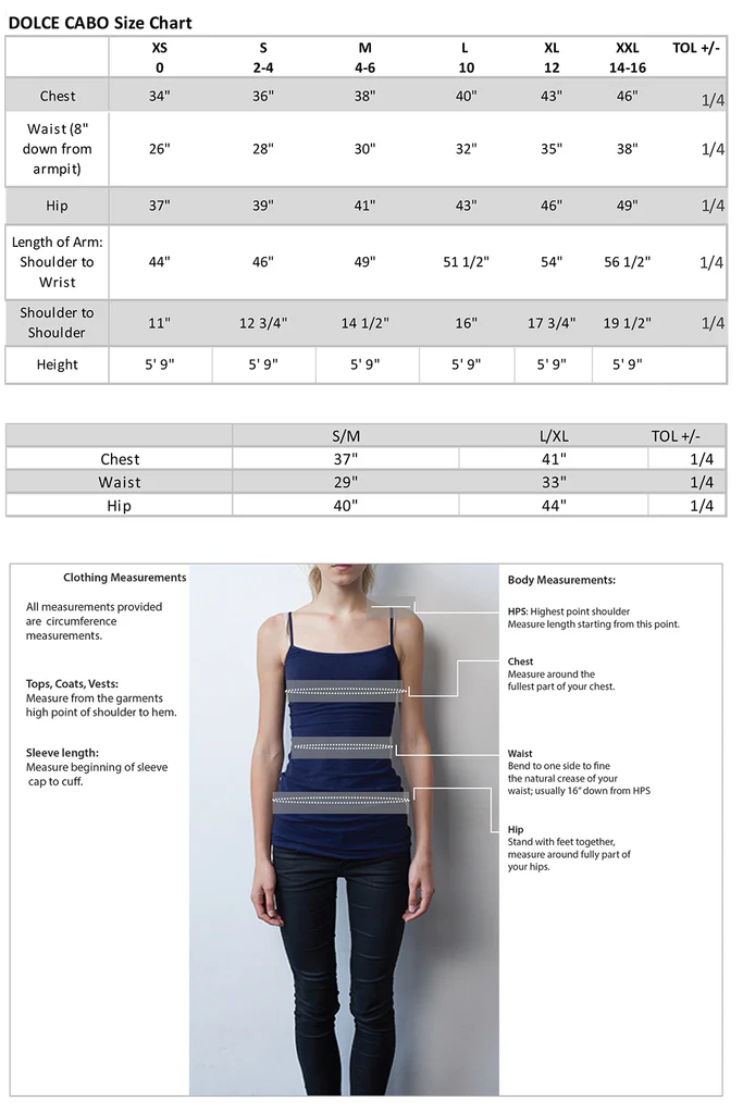 Dolce Cabo Size Chart