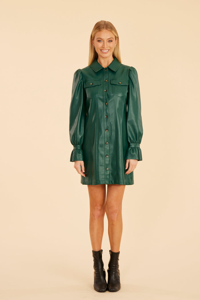 Dolce Cabo Ruffle Cuff Leather Dress - Forest Green