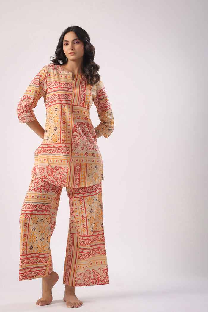 Doodle Patches on Beige Cotton Palazzo Loungewear Set