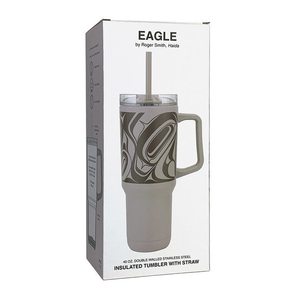 Eagle insulated tumbler with straw packaging on a white background