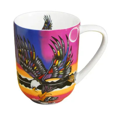 Eagle Porcelain Mug featuring a vibrant eagle design by Abenakis artist Jessica Somers, perfect for morning coffee.