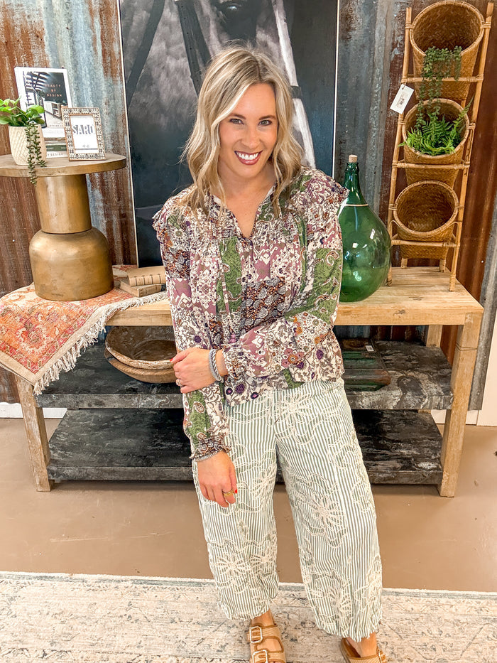 EMBROIDERED STRIPE PANTS, SAGE