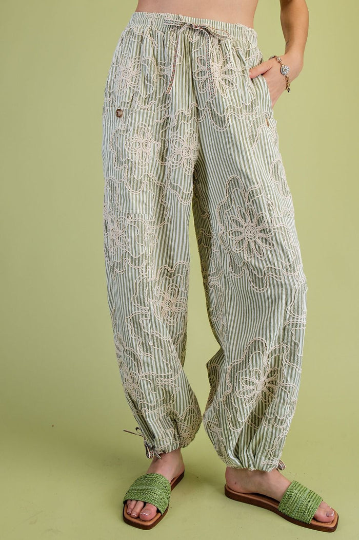 EMBROIDERED STRIPE PANTS, SAGE