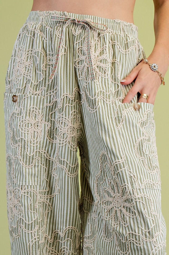EMBROIDERED STRIPE PANTS, SAGE